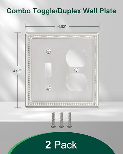 2-Pack Combo Toggle/Duplex Light Switch Cover Plate, Brushed Nickel Metal Wall Outlet Cover, Decorative Classic Beaded Wall Plate