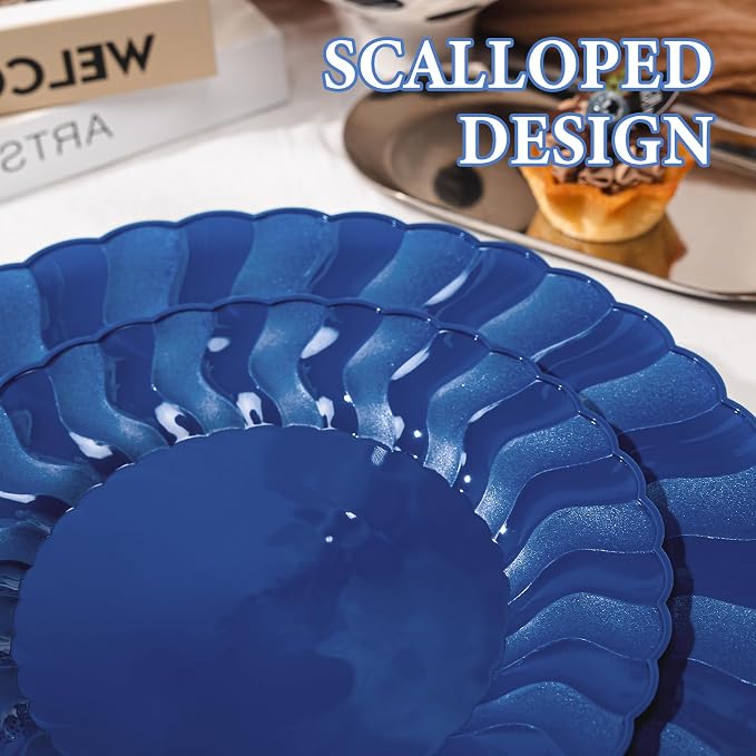 Lullaby 60PCS Navy Blue Scalloped Plastic Plate, Disposable Plate - Image 3