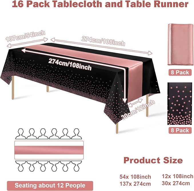 16Pack Disposable Plastic Tablecloths and Satin Table Runner Set Black and Rose - Image 2