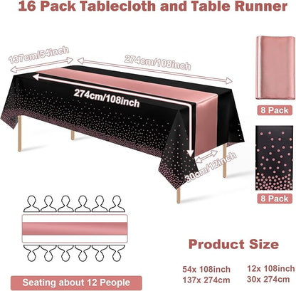 16Pack Disposable Plastic Tablecloths and Satin Table Runner Set Black and Rose - Image 2