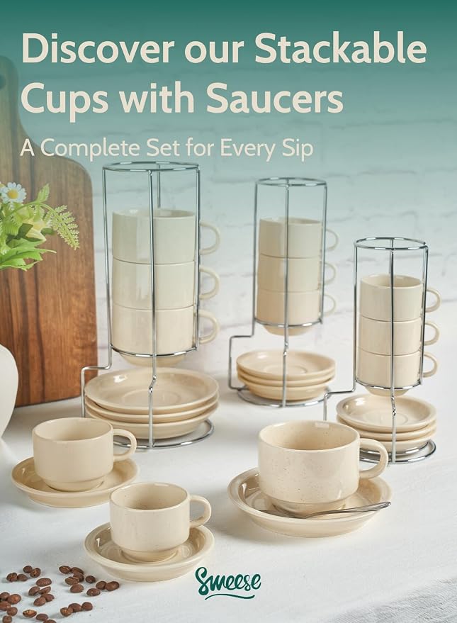 Sweese Porcelain Espresso Cups Set, 2.5 oz, Stackable - Image 8