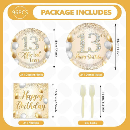 96Pcs White Gold 13th Birthday Party Decorations, Serves 24 | Official 13 Teen - Image 3