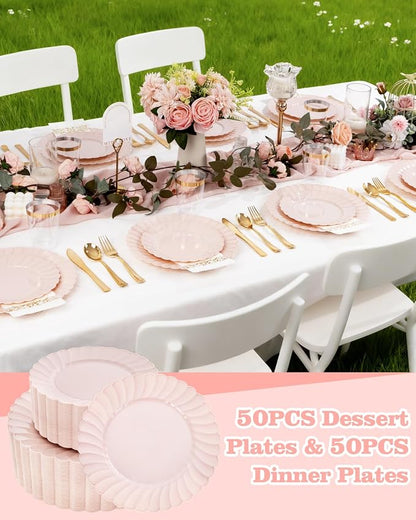 YOUBET 100PCS Pink Scalloped Plastic Plates - Image 4