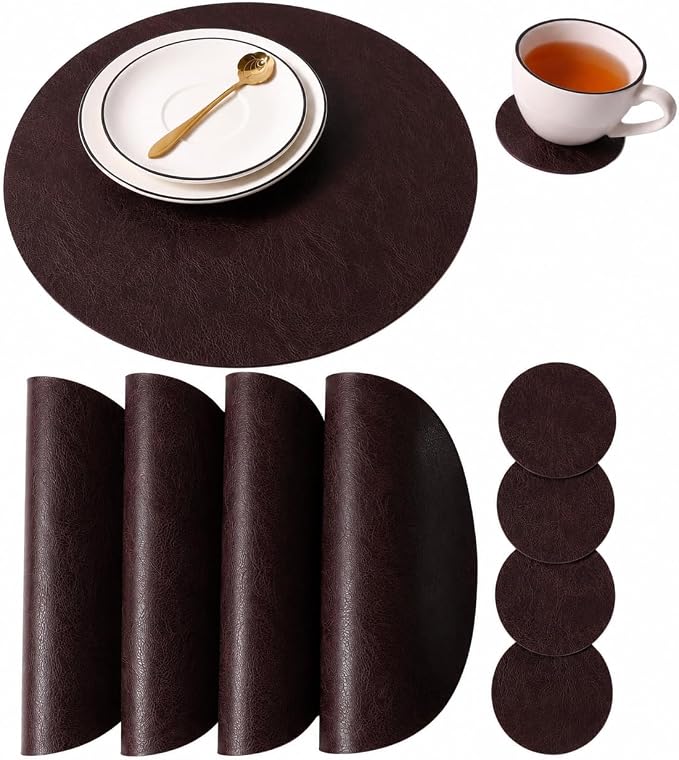 Embossed PU Leather Placemats, Waterproof Coffee Coasters, Kitchen Table Mats by JOVONO
