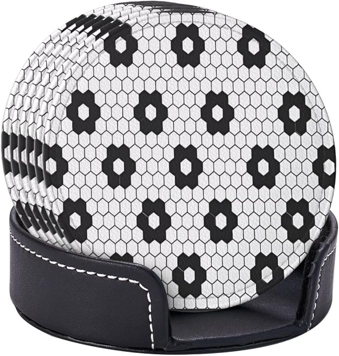 6 Pcs Black White Flower Hex Tile Print Floor Leather Coasters - Image 6