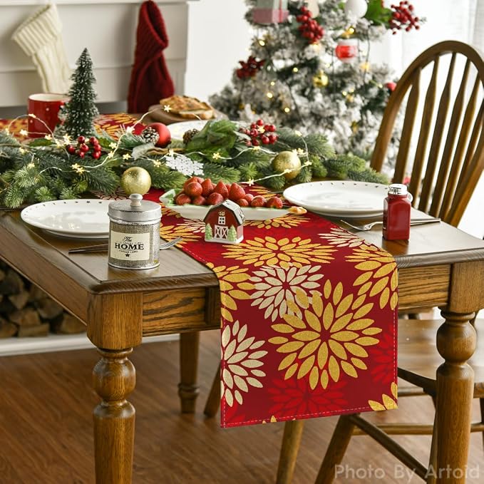 Artoid Mode Red Orange Dahlia Floral 2025 New Year Table Runner, Spring - Image 2