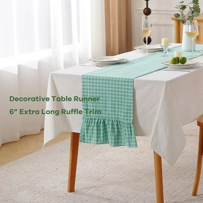 Spa Blue White Plaid Gingham Ruffle Table Runner 108 inches Long Christmas 100% - Image 3