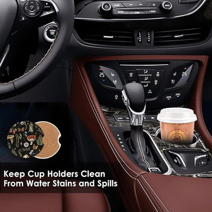 2 Pack Woodland Mushroom Car Coasters for Cup Holders Absorbent 2.56", Vintage Moth Witch Floral, Decoration Flower Wood Fern Leaf Herbs Botanical Ceramic Drink Coasters Cork Base Gift for Women Men