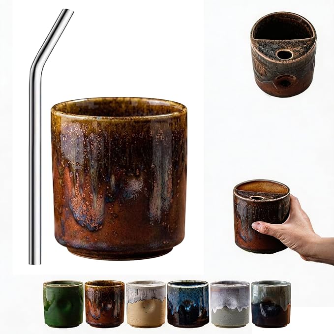 18oz Ceramic Coffee Mug with Hole, Vintage Kiln Style Handleless Tumbler by Unknown