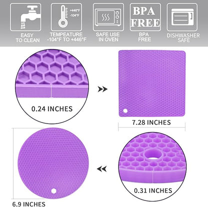 Silicone Silicone Trivet for Hot Dishes, 4 Pack Purple Heat Resistant Silicone Hot Pads Pot Holders for Kitchen Counter Non-Slip Trivets for Hot Pots and Pans, Small Dish Drying Mat & Spoon Rest