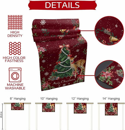 Christmas Reindeer Table Runners 90 Inches Long, Cotton Linen Fabric Red Table - Image 8