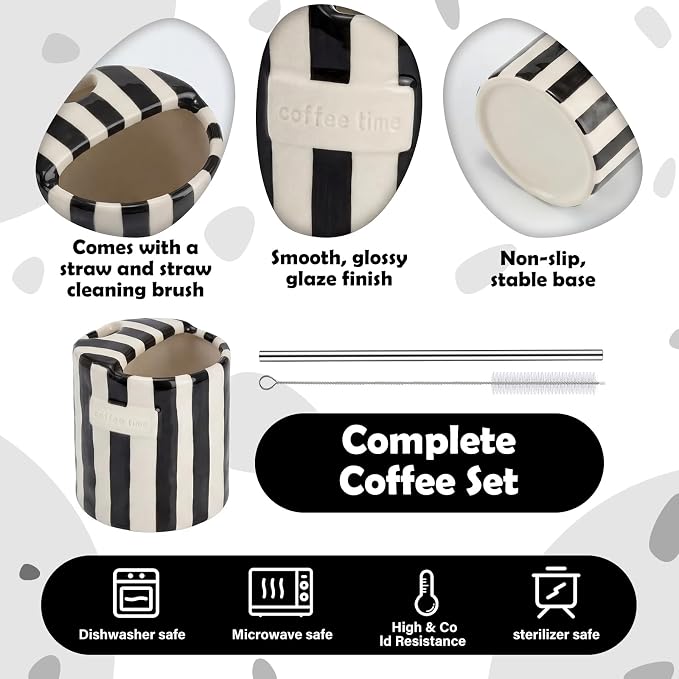 1 Pack Ceramic Coffee Mug with Sip Hole Espresso Cup 10oz with Straws Retro - Image 3