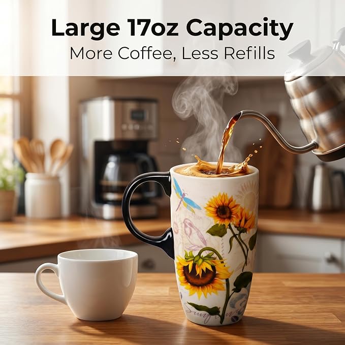 Topadorn 17oz Botanical Sunflower Ceramic Travel Mug - Image 5