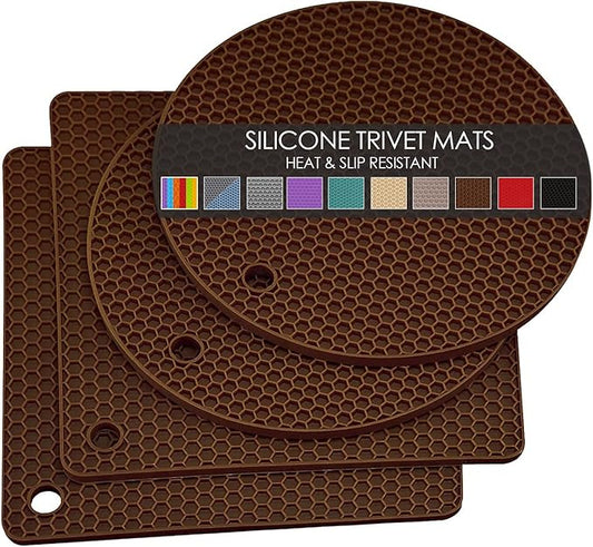4 Pack Silicone Trivet Mats, Heat Resistant Hot Pot Holders and Pads for Kitchen Countertop, Non-Slip Brown Trivets for Pots and Pans, Hot Plate Coffee Mat