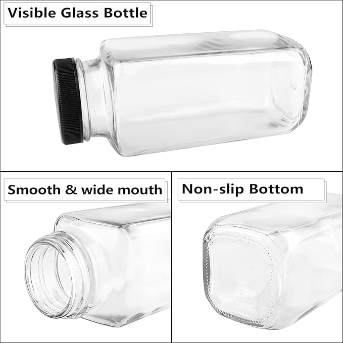 GUANENA 12 Pack Glass Drink Bottles, 8.5 OZ Vintage Square Water Bottles - Image 3