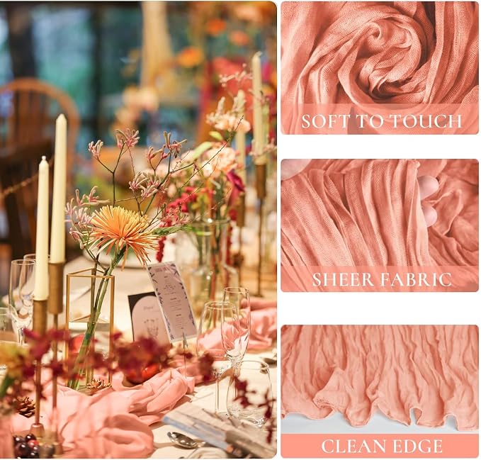 10 Pack Coral Peach Cheesecloth Table Runner 35x120 Inch, 10FT Semi Sheer Boho - Image 3