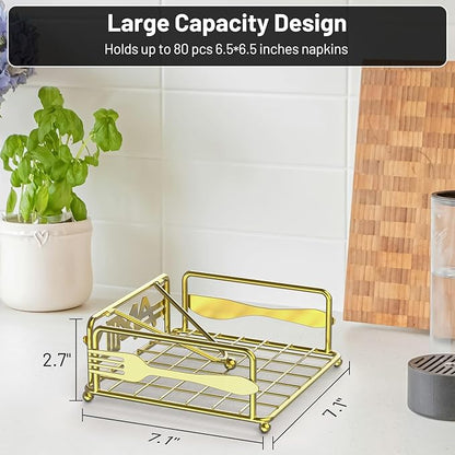 Napkin Holder for Table, Flat Napkin Dispenser with Weighted Arm, Square Cocktail Paper Holder of Elegant Rustic Iron for Kitchen Dining Room Decor Restaurant Farmhouse Hotel Party, Gold