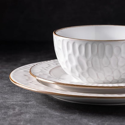 GBHOME Ceramic Dinnerware Sets, 24 pcs Embossed Elegant Stoneware Plates and Bowls Sets, Housewarming Wedding Gift | Dishwasher & Microwave Safe | Dishes Set Service for 8