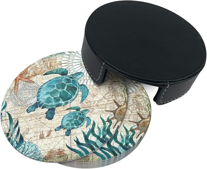 Drink Coasters with Holder Stand Set of 6, Sea Turtle Pu Leather Absorbent - Image 7