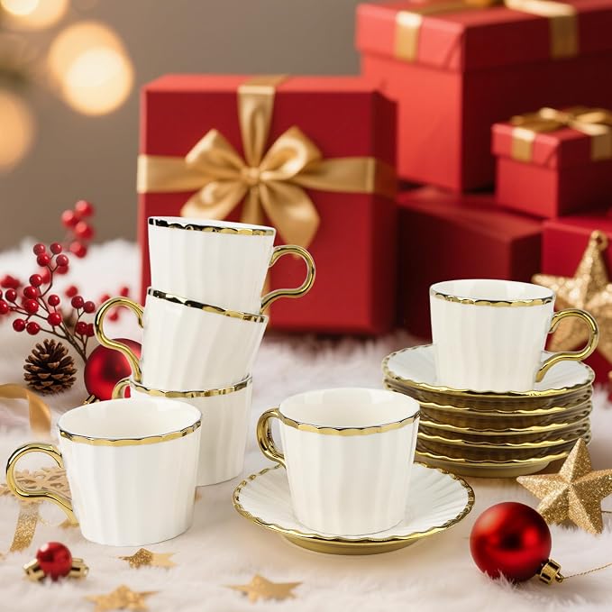Espresso Cups with Saucers, 3.5 oz Turkish Coffee Cup With Gold Trim, Ceramic - Image 7