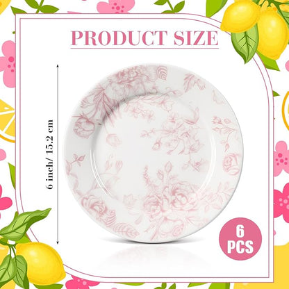 Honeydak 6 Pcs 6 Inch Pink Floral Flower Ceramic Plates Pink and White - Image 3