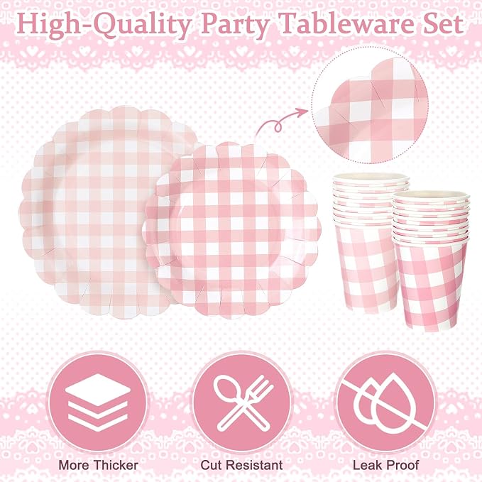 Yaomiao 168 Pcs Pink Gingham Plates and Napkins Pink Princess Party Decor - Image 3