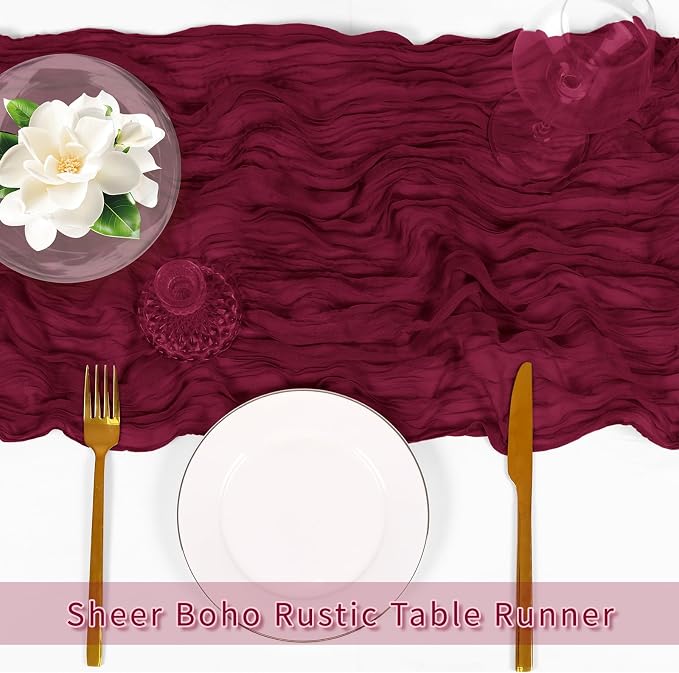 6 Pack Burgundy Cheesecloth Table Runner, 17 x 108 inch, Semi Sheer Boho Cheese - Image 5