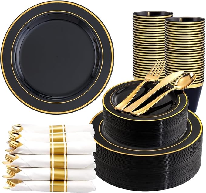 350 Pieces Black and Gold Plastic Plates by WDF