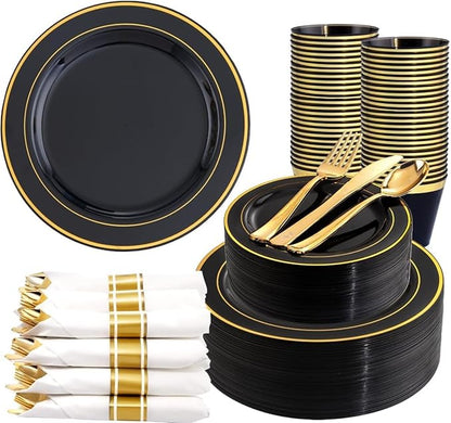 350 Pieces Black and Gold Plastic Plates by WDF