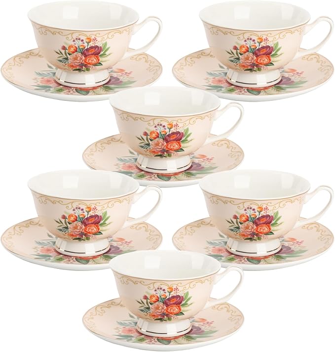 BTaT- Floral Tea Cups and Saucers, 8 oz, Fine Porcelain Teacup Set by BrewToATea