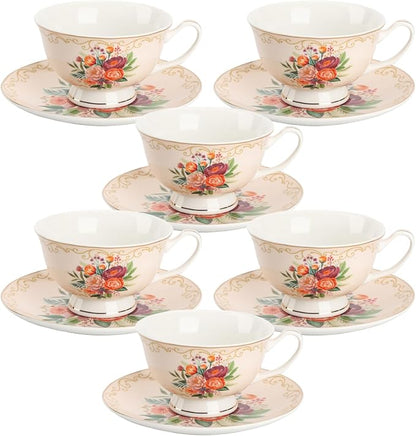 BTaT- Floral Tea Cups and Saucers, 8 oz, Fine Porcelain Teacup Set by BrewToATea