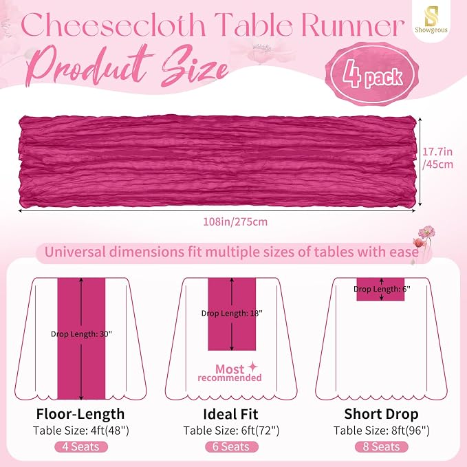 Showgeous 4 Pack Fuschia Cheesecloth Table Runner, 17 x 108 Inches | Boho - Image 2