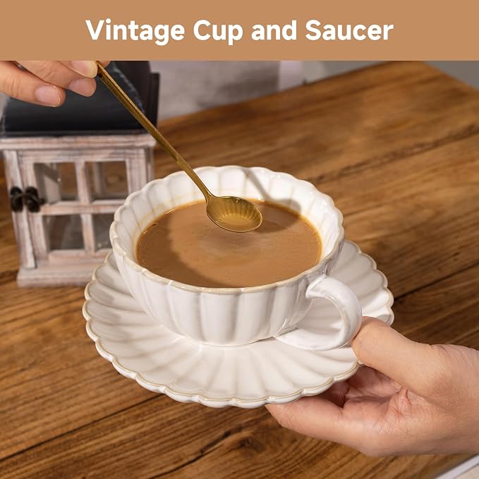 Ceramic Latte Cup with Saucer, 12 OZ Cappuccino Cup Vintage Cafe Art Cups - Image 3