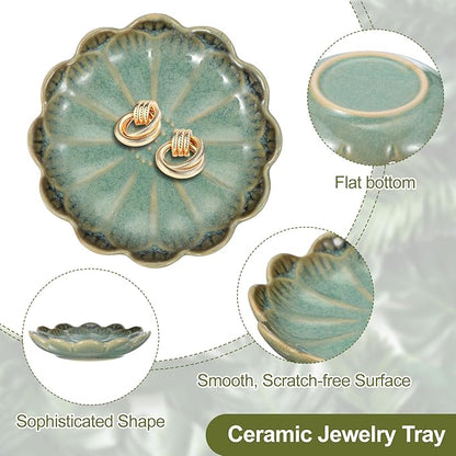 uxcell 2Pcs Ceramics Jewelry Plate, Sunflower Shape Key Holder Bowl for Entryway Table Decor Small Ring Tray Dish Gift for Women Girlfriend, Dark Green