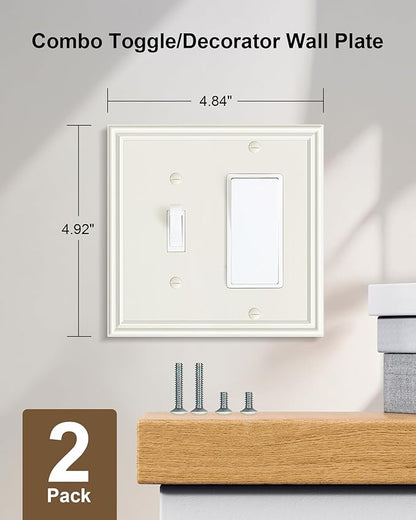 2-Pack Combo Toggle/Decorator Light Switch Cover Plate, Light Almond Decorative Electrical Outlet Covers, Durable Solid Zinc Alloy Wall Switch Plates and Outlet Covers