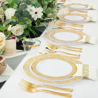 WELLIFE 210Pcs Gold Plastic Dinnerware - Disposable Silverware and Cups, Include:30 Dinner Plates, 30 Dessert Plates, 30 Paper Napkins, 30 Cups, 30 Gold Plastic Cutlery Set for Party and Wedding