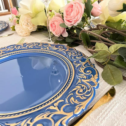 Antique Charger Plates with Gold Rim, 13 Inch Royal Blue Dinner Plate Chargers - Image 5
