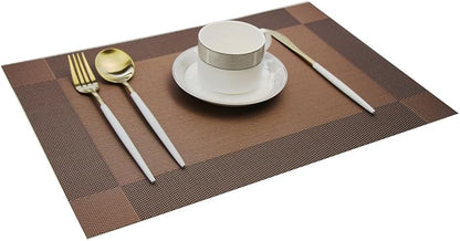 Placemats Washable Easy to Clean PVC Placemat for Kitchen Table Heat-resistand Woven Vinyl Table Mats 12x18 inches Set of 6 （Brown）