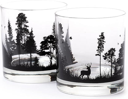 Black Lantern Forest Animal Whiskey Glass Set of 2 – 11oz Old Fashioned Rocks Glasses for Men | Wildlife & Nature Themed Barware for Bourbon, Scotch & Cocktails | Dishwasher Safe Gift Ready