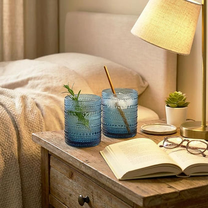 Moretoes 12 Pack 10 Oz Blue Vintage Hobnail Drinking Glasses Set of 12 | - Image 7