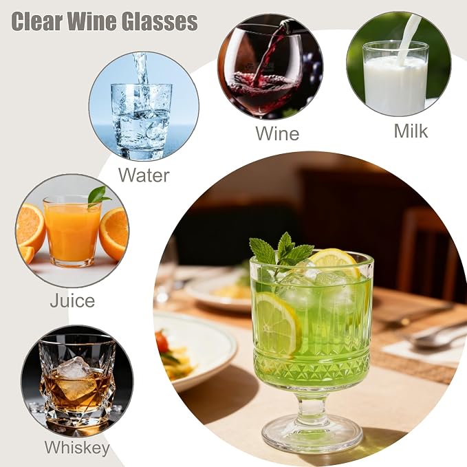 6 Pack Vintage Glass Goblets, 7.5 OZ Small Clear Wine Glasses, Retro Embossed - Image 5