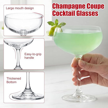 Maxdot 12 Set 7oz Small Champagne Coupe Cocktail Glasses with Metal Cocktail Picks, Clear Elegant Handblown Coupe Glasses Bulk Crystal Espresso Martini Cups for Home Parties Wedding Bar