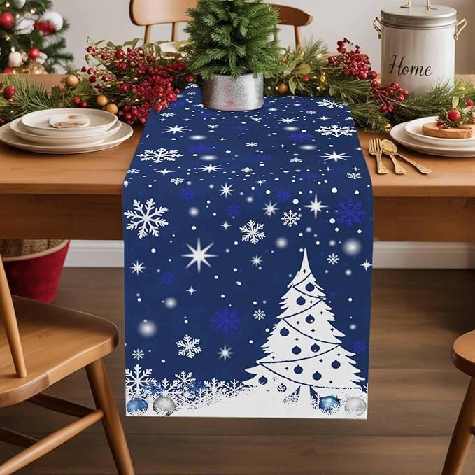 Navy Blue Christmas Tree Table Runner 90 Inches Long, Xmas Balls Snowflake - Image 2