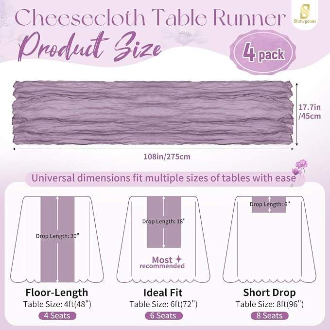 Showgeous 4 Pack Purple Cheesecloth Table Runner, 17 x 108 Inches | Boho - Image 2