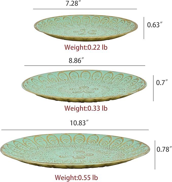 Rustic Round Decorative Tray Set of 3 Vintage Hammered Metal Trays Distressed Design Circle Candle Plate for Candle Coffee Entryway Table Kitchen Bathroom Wedding Party Counter Organizer Decor (Green)