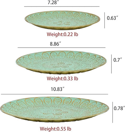 Rustic Round Decorative Tray Set of 3 Vintage Hammered Metal Trays Distressed Design Circle Candle Plate for Candle Coffee Entryway Table Kitchen Bathroom Wedding Party Counter Organizer Decor (Green)