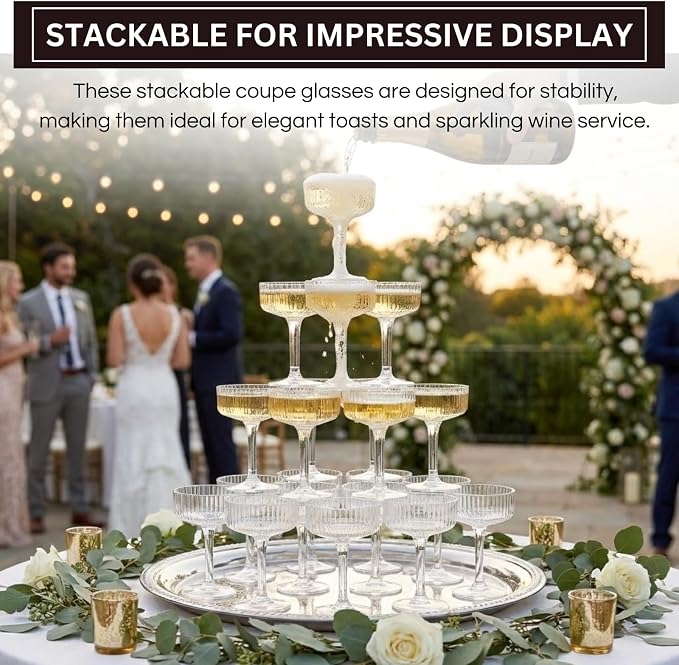 Khen Acrylic Champagne Tower | Set of 20 | 7 oz Stackable Unbreakable Coupe - Image 3