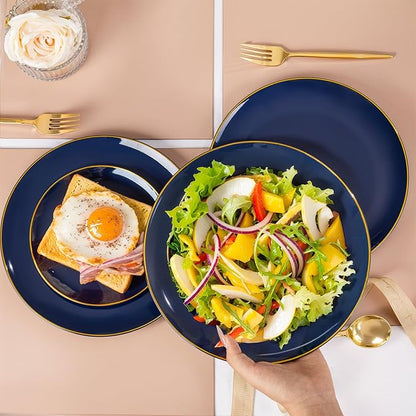 bUCLA 100PCS Blue Plastic Plates - Navy Blue Disposable with Gold Rim, Include 50 Each (10 inch Dinner & 7 inch Dessert) Plates, Ideal for Party and Hanukkah