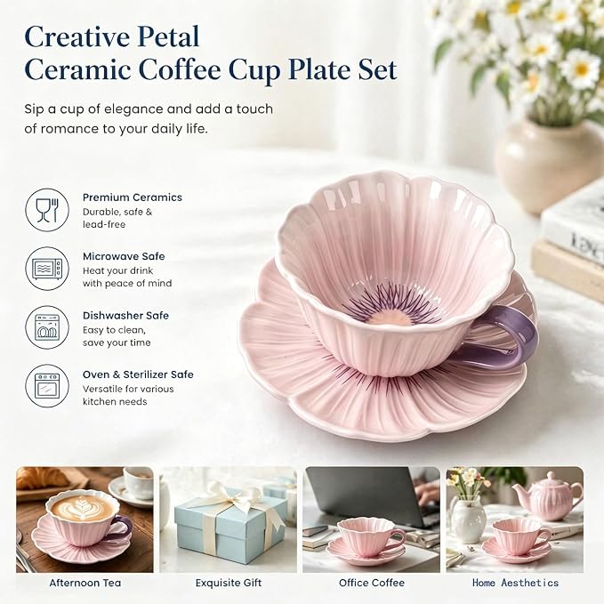 10 oz Tea Cups and Saucers, Flower-Shaped Ceramic Latte Art Cappuccino Cup and - Image 4