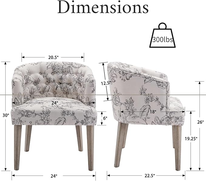 Mid-Century Modern Dining Chairs Set of 6, Tufted Upholstered Linen Dining Room Chairs with Wooden Legs, Floral Pattern
